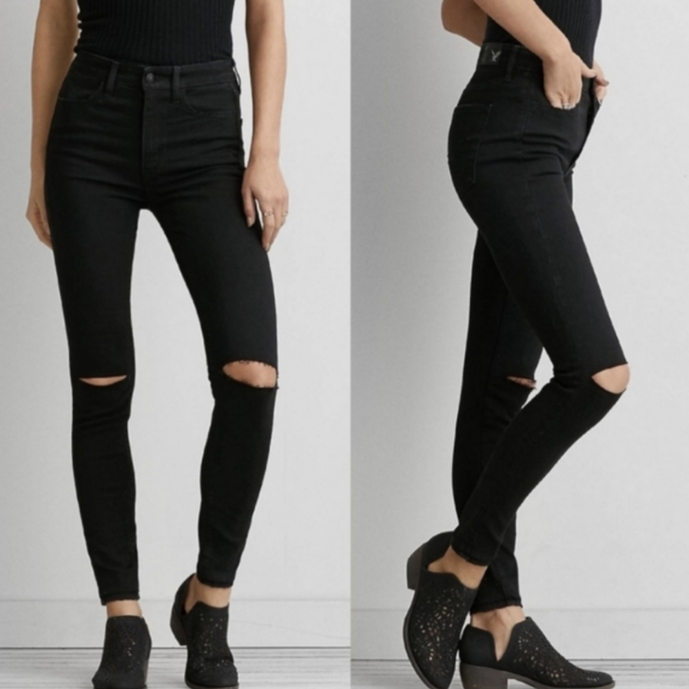 American Eagle Super Stretch High Rise Black Ripped Jeans Size 0 Short